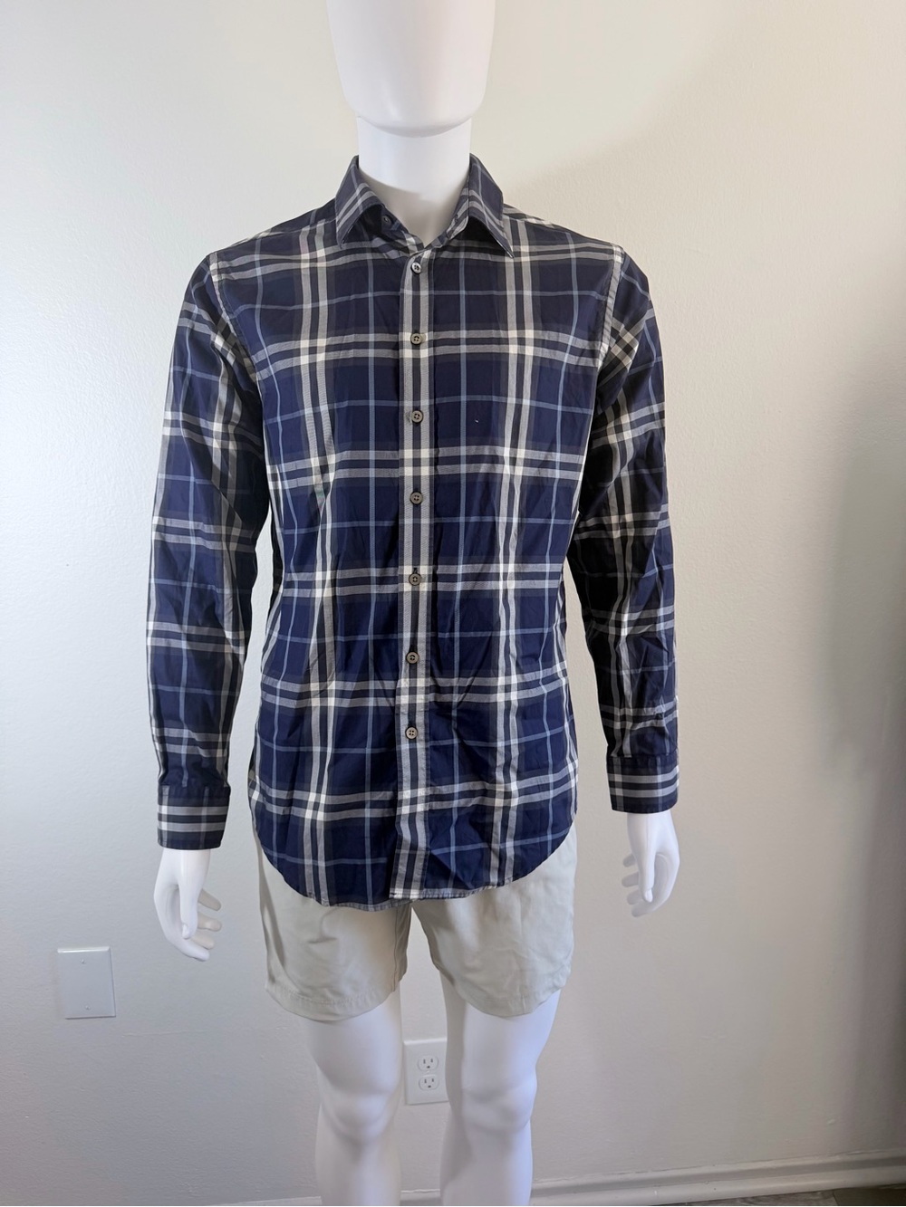 Burberry Navy and White Plaid Cotton Button-Down Shirt